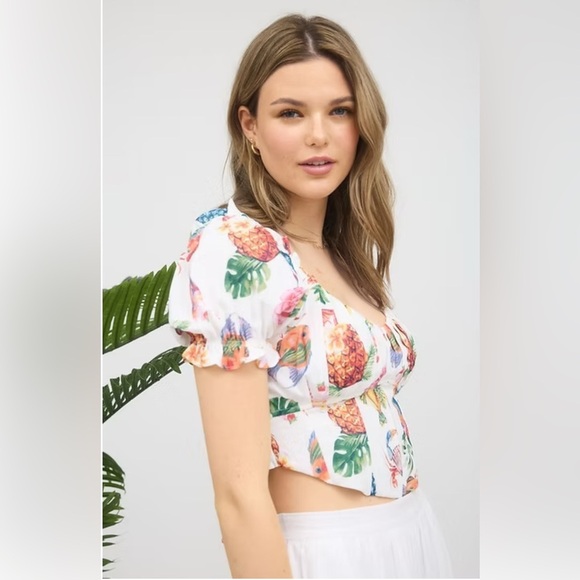 Mine Pina Colada Tropical Top Corset Crop Multicolor Puff Sleeve Size M NWOT - Picture 3 of 14